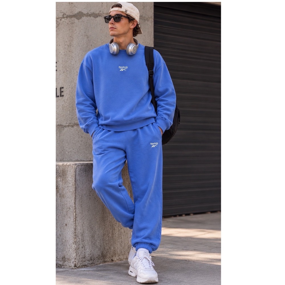 Reebok Mens Blue Fleece Sweatsuit Set Crewneck Sweatshirt & Joggers XL RN 117927